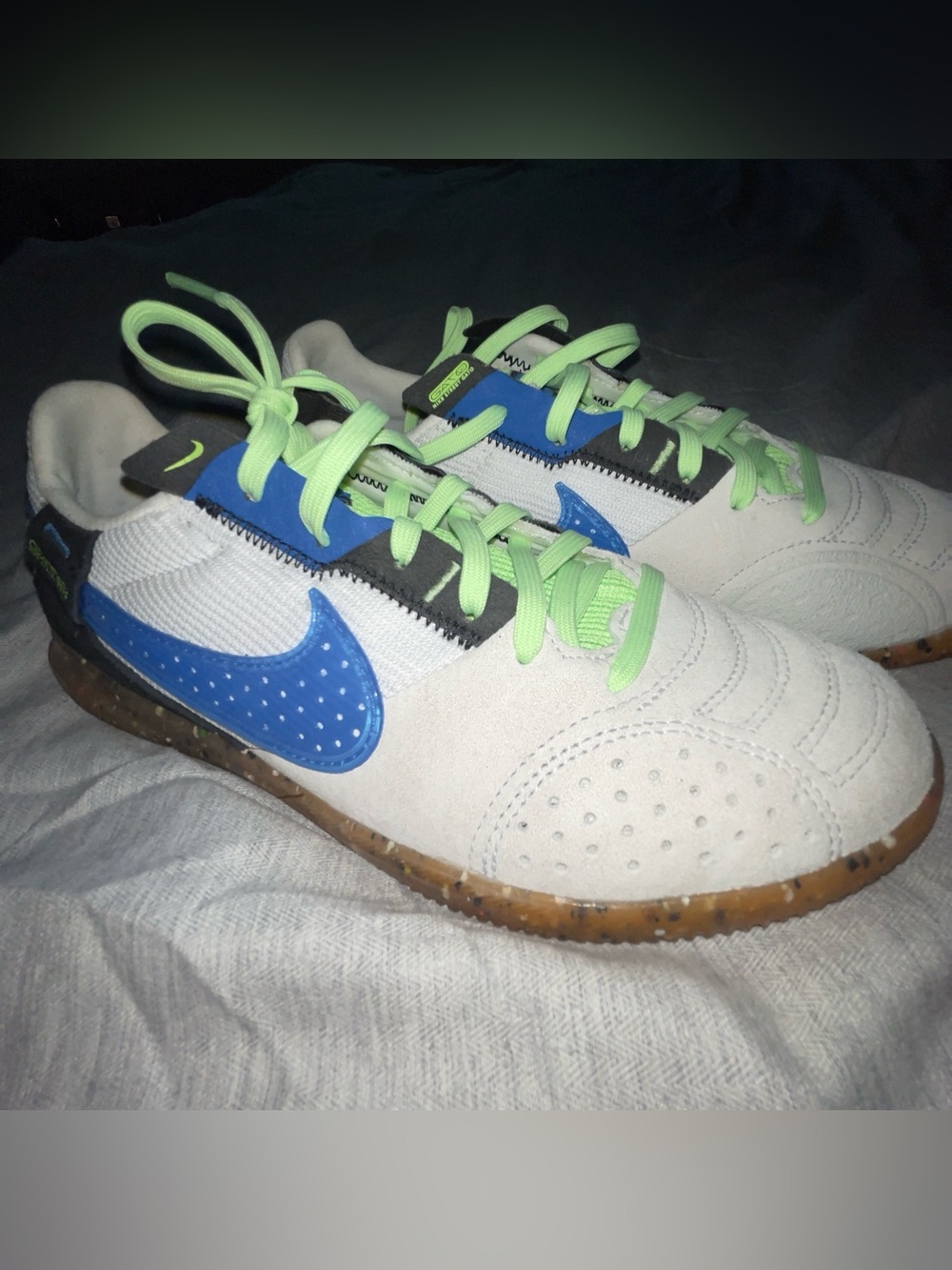 Nike Sneakers in White with Neon Green Interior and Blue Accents
